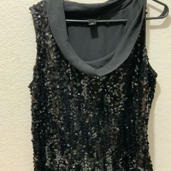 St. John Cowl Neck Top Women size 12 Metallic Sequin Black Event - Picture 2 of 14